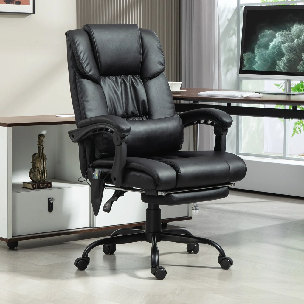 Cadeira de Escritório com Massagem de 6 Pontos Encosto Alto Reclinável Apoio para Pés e Controlo Remoto 66x75x112-122 cm Preto