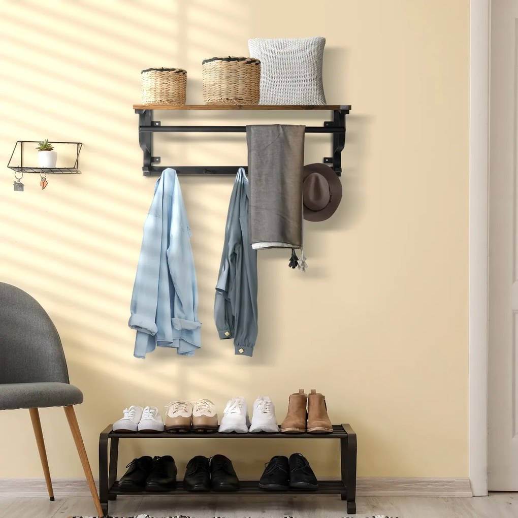 Prateleira de Parede Flutuante com 5 Ganchos e 1 Barra de Aço para Pendurar Roupas Chaves Livros Estilo Moderno 66x30x27cm Madeira e Preto