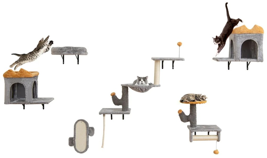 Conjunto de torre para gatos montada na parede com plataforma de 2 níveis, 2 casinhas e arranhador cinza