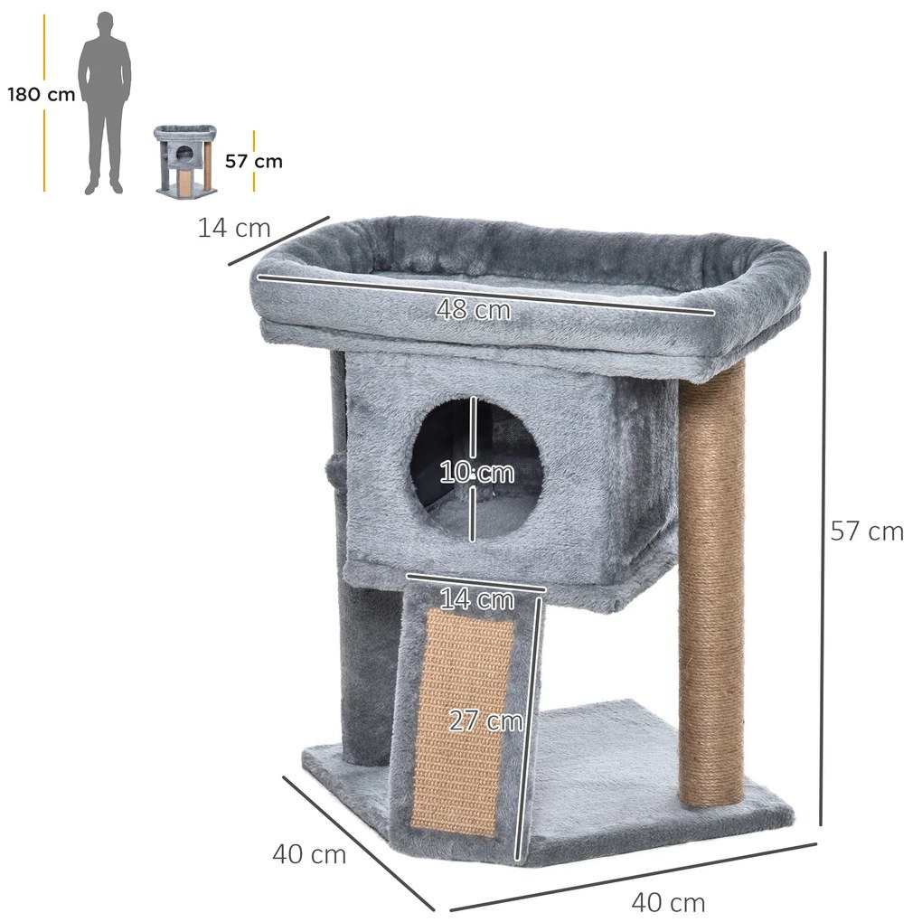 PawHut Árvore Arranhador para Gatos Pequenos Altura 57 cm Arranhador para Gatos com Poste de Juta Rampa Caverna e Bola Suspensa 40x40x57 cm Cinza