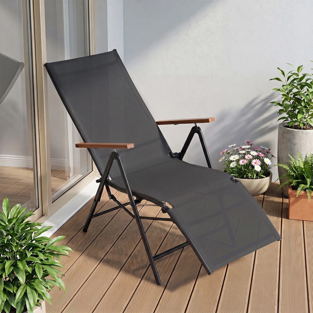 Espreguiçadeira de Jardim Dobrável, 72-138 x 57 x 91-110 cm, Encosto Ajustável em 5 Posições, Preto