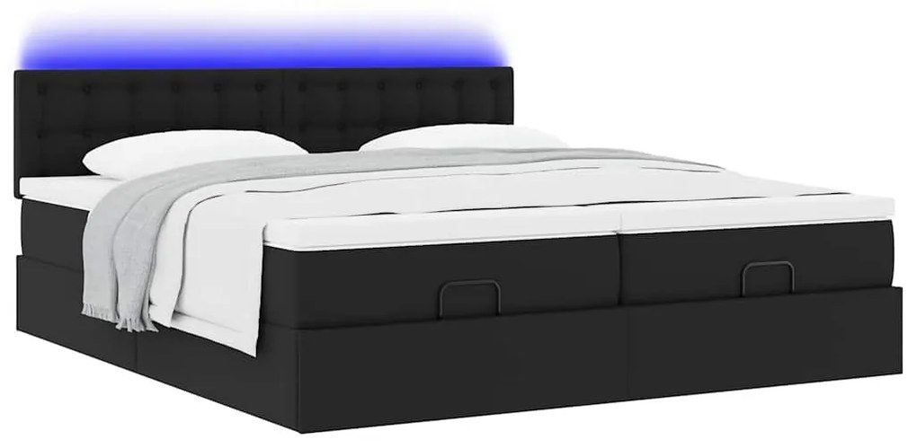 Cama otomana com colchões&amp;LEDs 180x200cm couro artificial preto