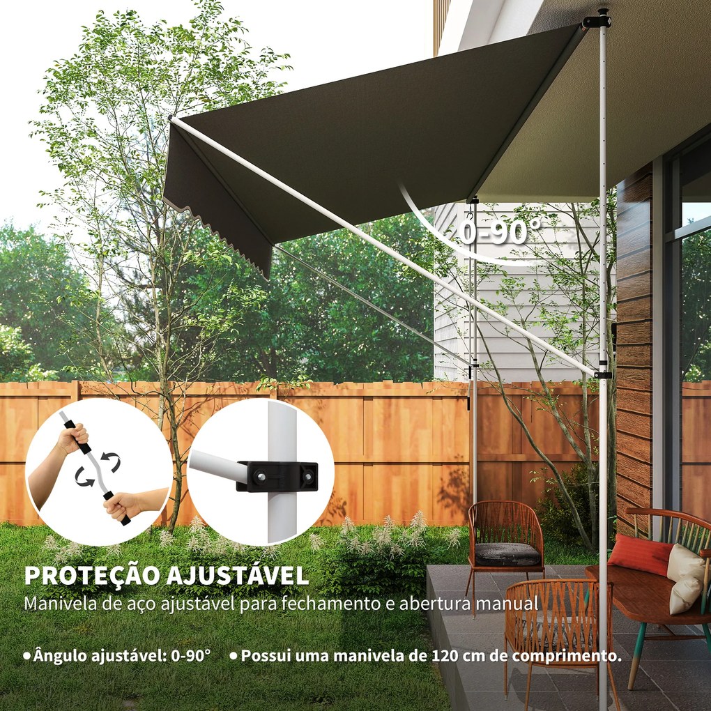Toldo Manual Retrátil 4x1,2 m Altura Ajustável 170-280 cm com Manivela Anti-UV e Impermeável Sem Perfuração Cinzento Escuro