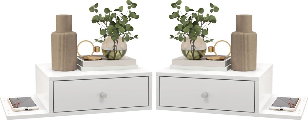 Conjunto de 2 mesas de cabeceira de parede, prateleira lateral e gaveta - 55 x 30 x 15 cm, MDF branco