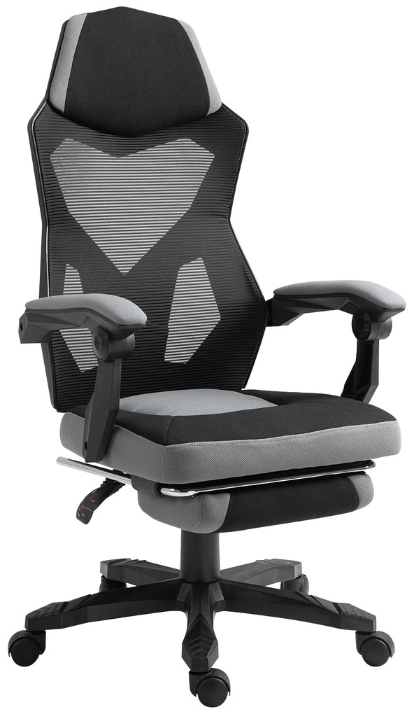 Vinsetto Cadeira de Escritório Poltrona Jogos Altura Ajustável Encosto Giratório Rodízios Repousa Pés 58x63x112-122 cm Cinza Preto | Aosom Portugal