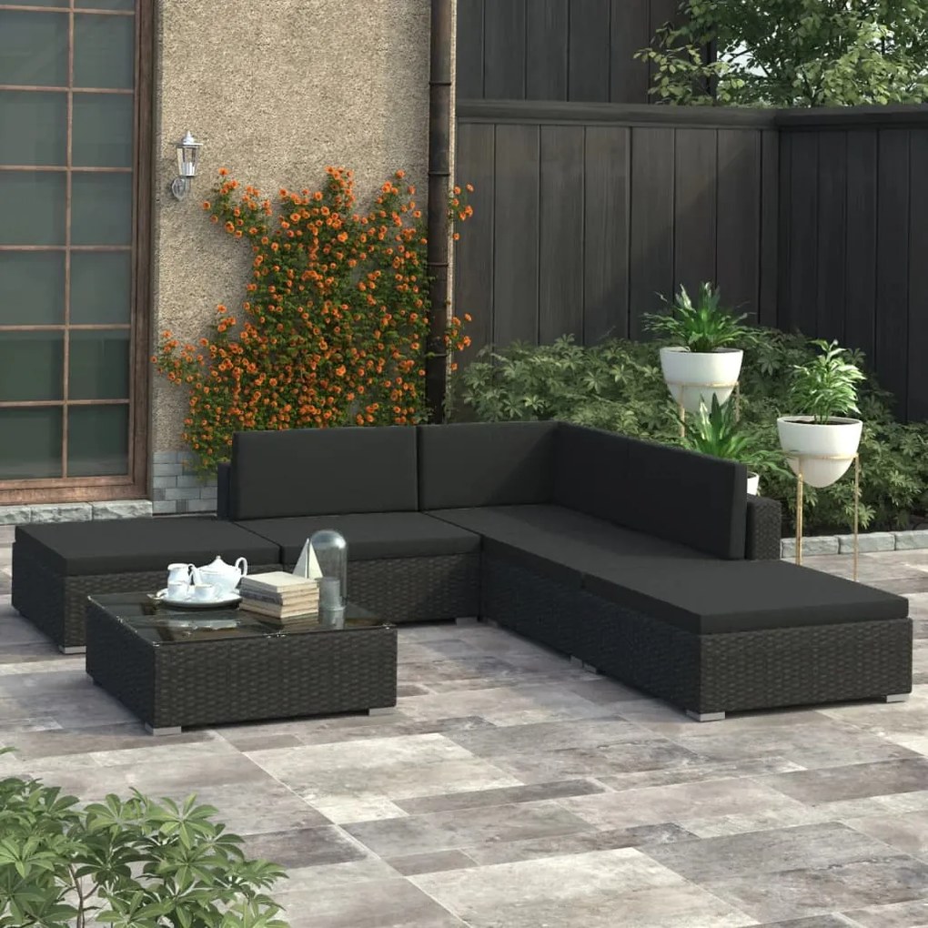 6 pcs conjunto lounge de jardim c/ almofadões vime PE preto