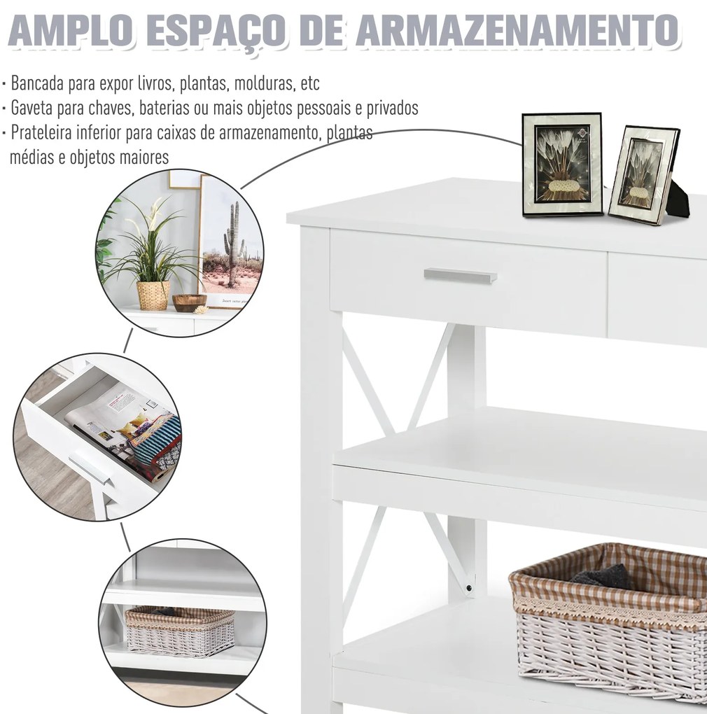 Mesa de console de estilo moderno com 2 gavetas e prateleiras inferiores 105x40x76 cm Branco