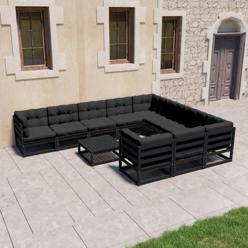 11 pcs conjunto longue jardim c/ almofadões pinho maciço preto