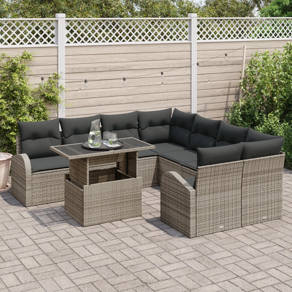 Conjunto de Sofá para Jardim vidaXL 9 Peças com Almofadas Cinzento Rat