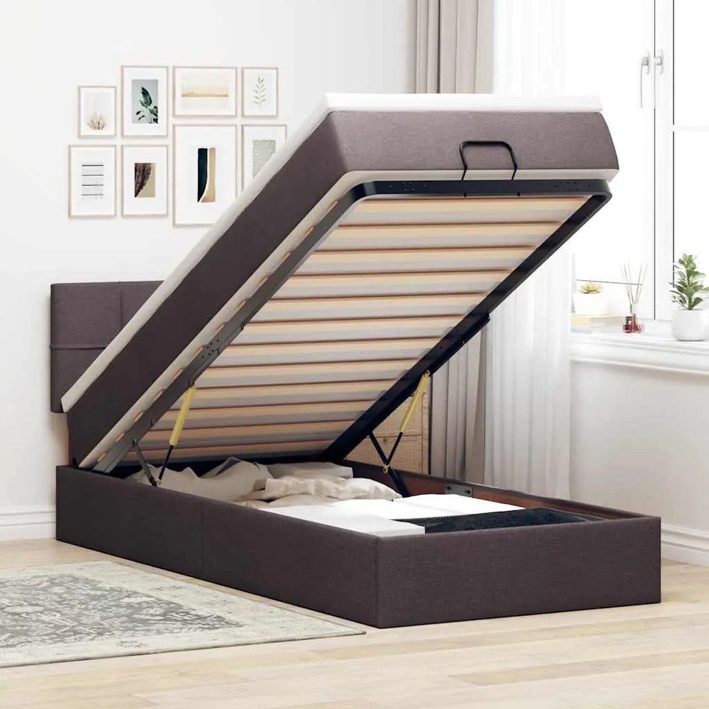 Cama otomana com colchão 90x200 cm tecido castanho escuro