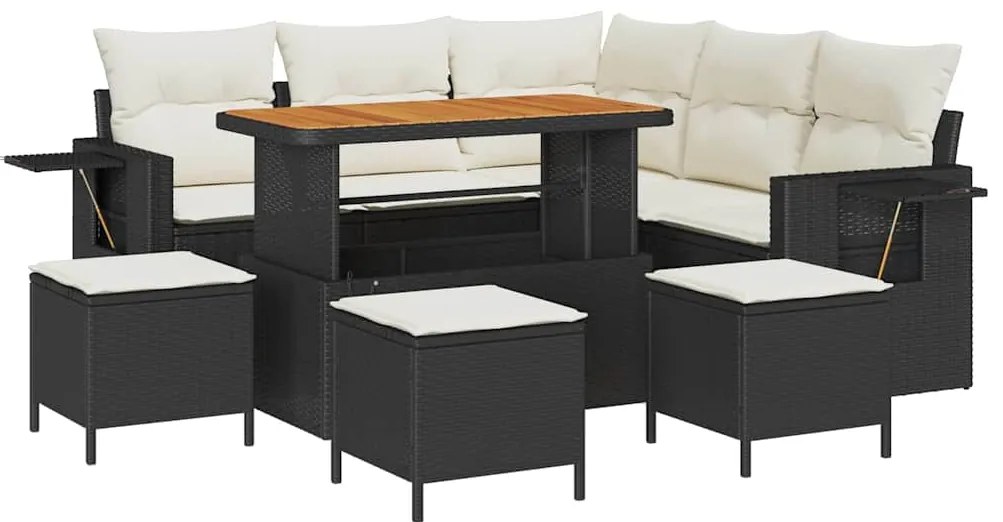 Conjunto de Sofás de Jardim de 9 Peças com Almofadas Preto Vime Poliés