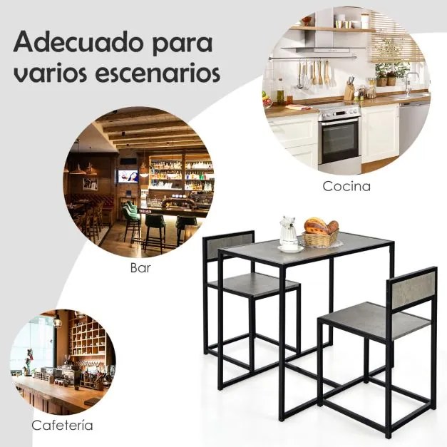 Conjunto cozinha com Mesa Compacta e 2 Cadeiras com Estrutura Metálica para Pequenos Espaços Cozinha Sala de Jantar Bistró Cinzento