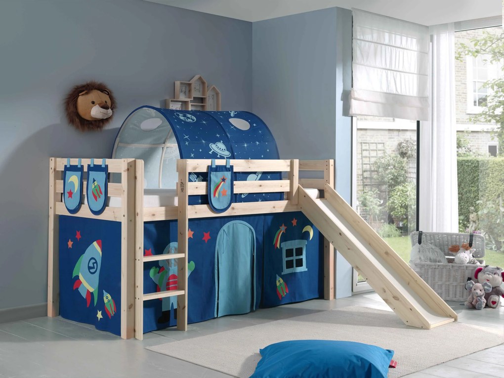 Conjunto Cama alta de Criança PINO 90 x 200 cm + estrado + escada + escorrega + cortina + túnel + bolsas de arrumação Astronauta Natural
