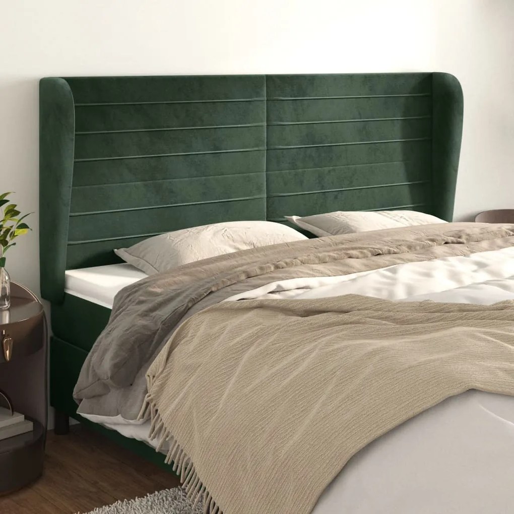 Cabeceira cama c/ abas veludo 183x23x118/128 cm verde-escuro
