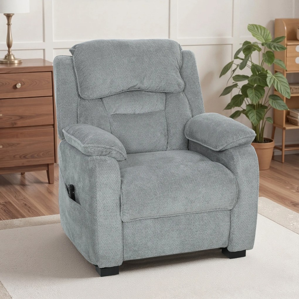 Poltrona relax elétrica, reclinável, com porta USB, apoio para os pés, bolsos laterais e comando à distância – 86 x 90 x 103 cm, cinzento claro