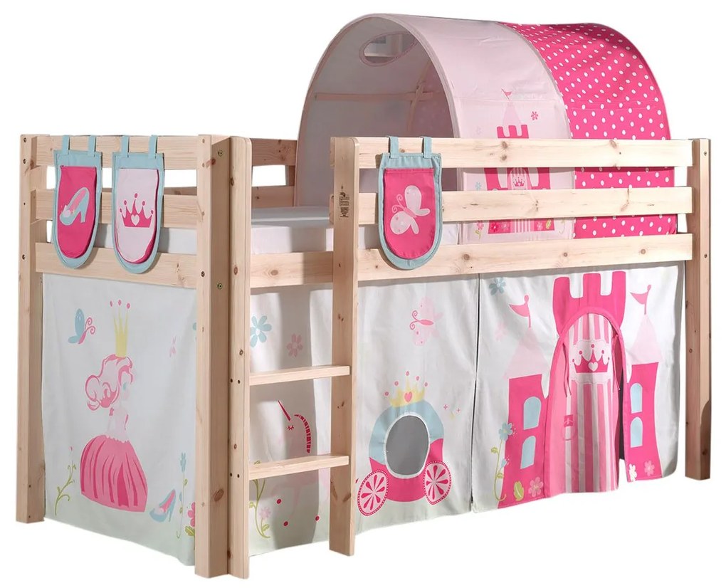 Conjunto Cama alta de Criança PINO 90 x 200 cm + estrado + escada + cortina + 3 bolsas + túnel Princesa Natural