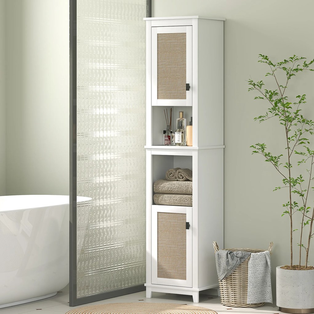 Coluna Casa de Banho com Prateleira Ajustável 2 Portas em Vime e 2 Compartimentos Estilo Boho 40x30x167,5 cm Branco