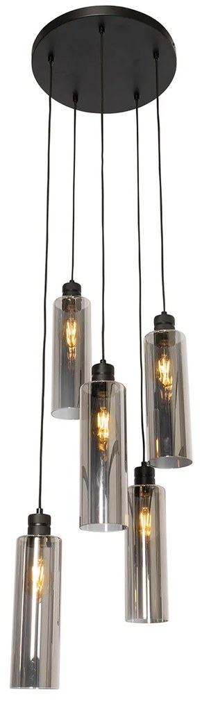 Candeeiro de suspensão moderno preto com vidro fumê 5 luzes - Stavelot