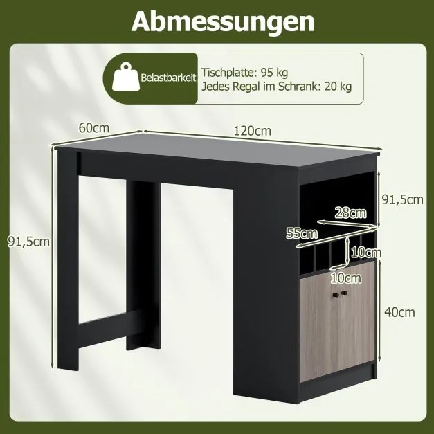 Mesa de bar, cozinha com prateleiras para vinhos 120 x 60 x 91,5 cm e compartimentos abertos e 2 portas, para 2 pessoas Preto + Cinza