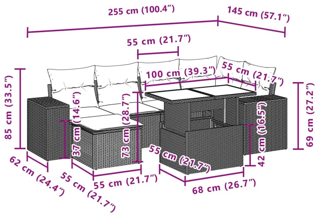 7 pcs conjunto de sofás p/ jardim c/ almofadões vime PE preto