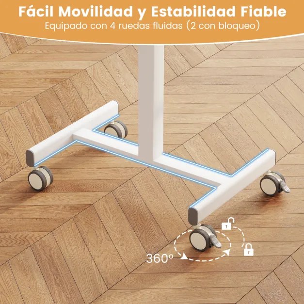 Secretária elevável com pés móveis e altura ajustável, 4 rodas giratórias, base em forma de H para escritório, 65 x 48 x 74,5-108,5 cm, natural