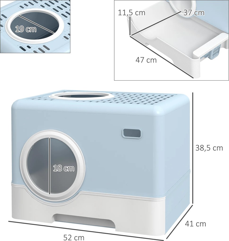 Caixa de Areia para Gatos com Pá Bandeja Removível 2 Portas Entrada Frontal e Saída Superior 52x41x38,5 cm Azul Claro