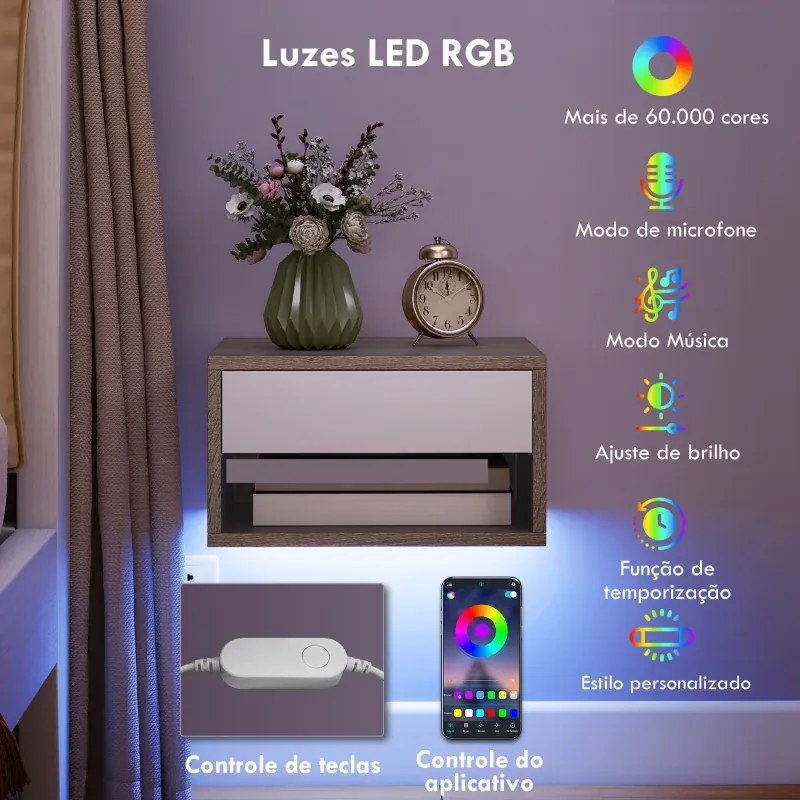Conjunto de 2 Mesas de Cabeceira Flutuantes com Luzes LED RGB Controlo por APP e Prateleira Aberta 37x32x21 cm Madeira e Branco