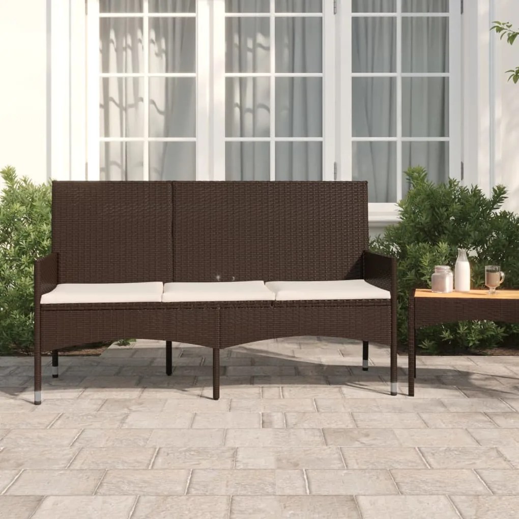 319491 vidaXL Banco de jardim de 3 lugares com almofadões vime PE castanho