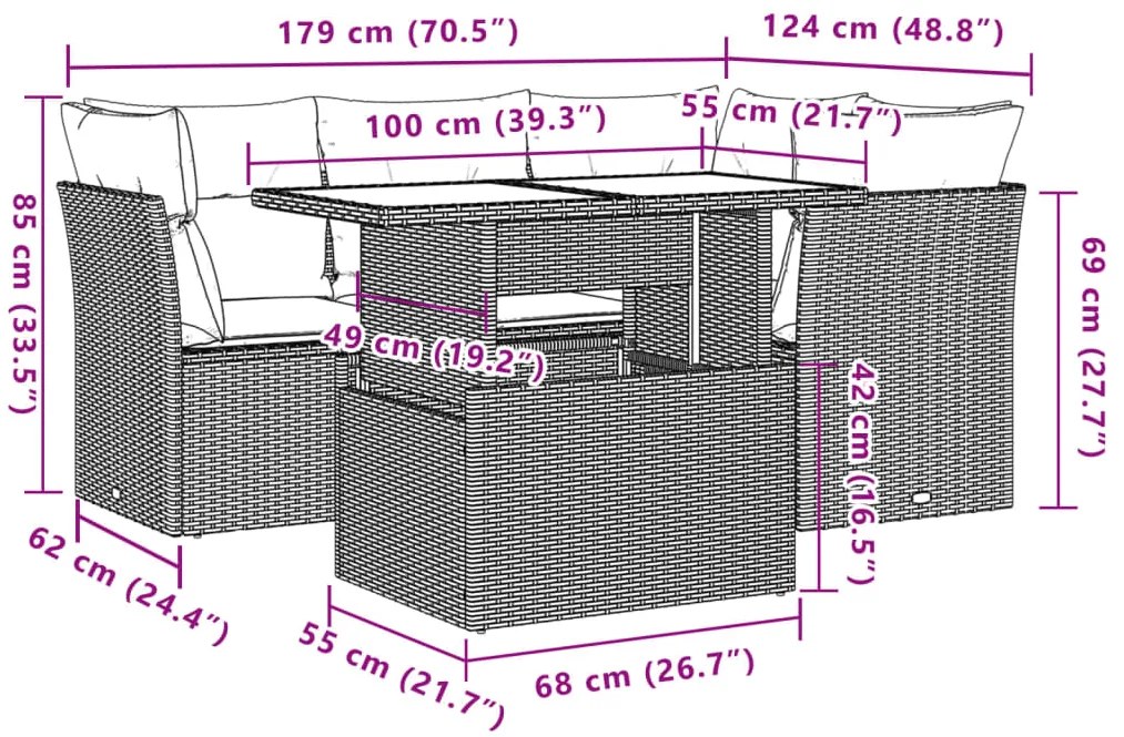 5 pcs conjunto de sofás p/ jardim com almofadões vime PE bege