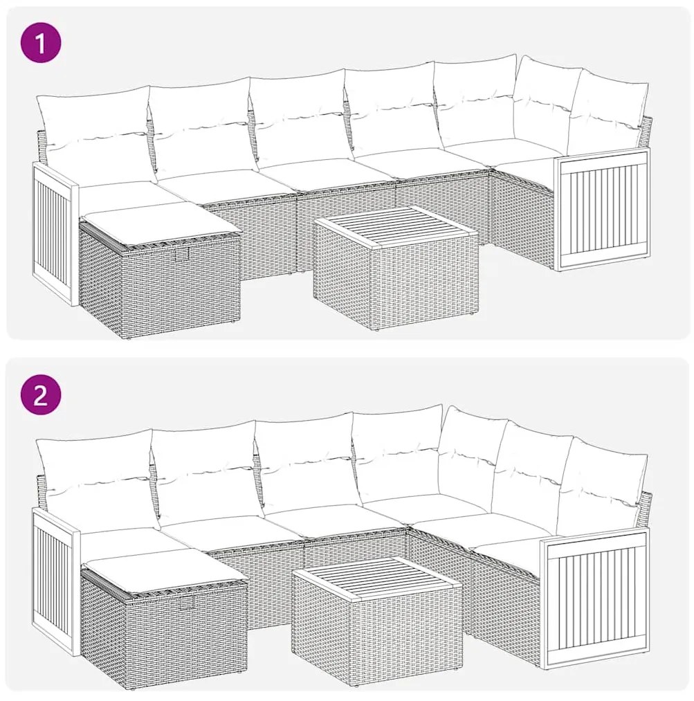 8 pcs conjunto sofás de jardim c/ almofadões vime PE cinzento