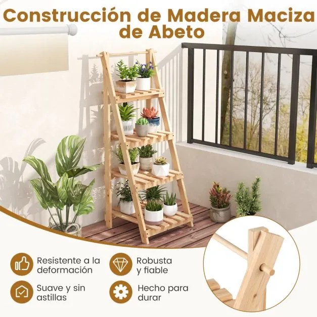 Suporte para plantas 28 x 52 x 109 cm de madeira de abeto de 4 prateleiras Natural