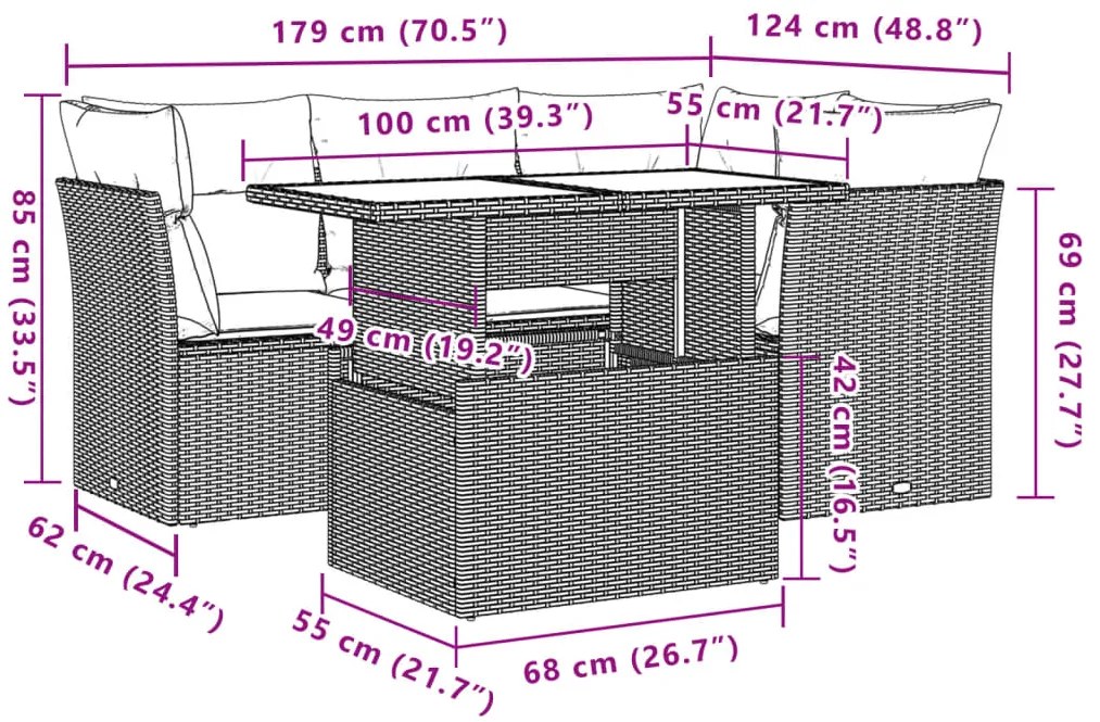 5 pcs conjunto de sofás p/ jardim com almofadões vime PE bege