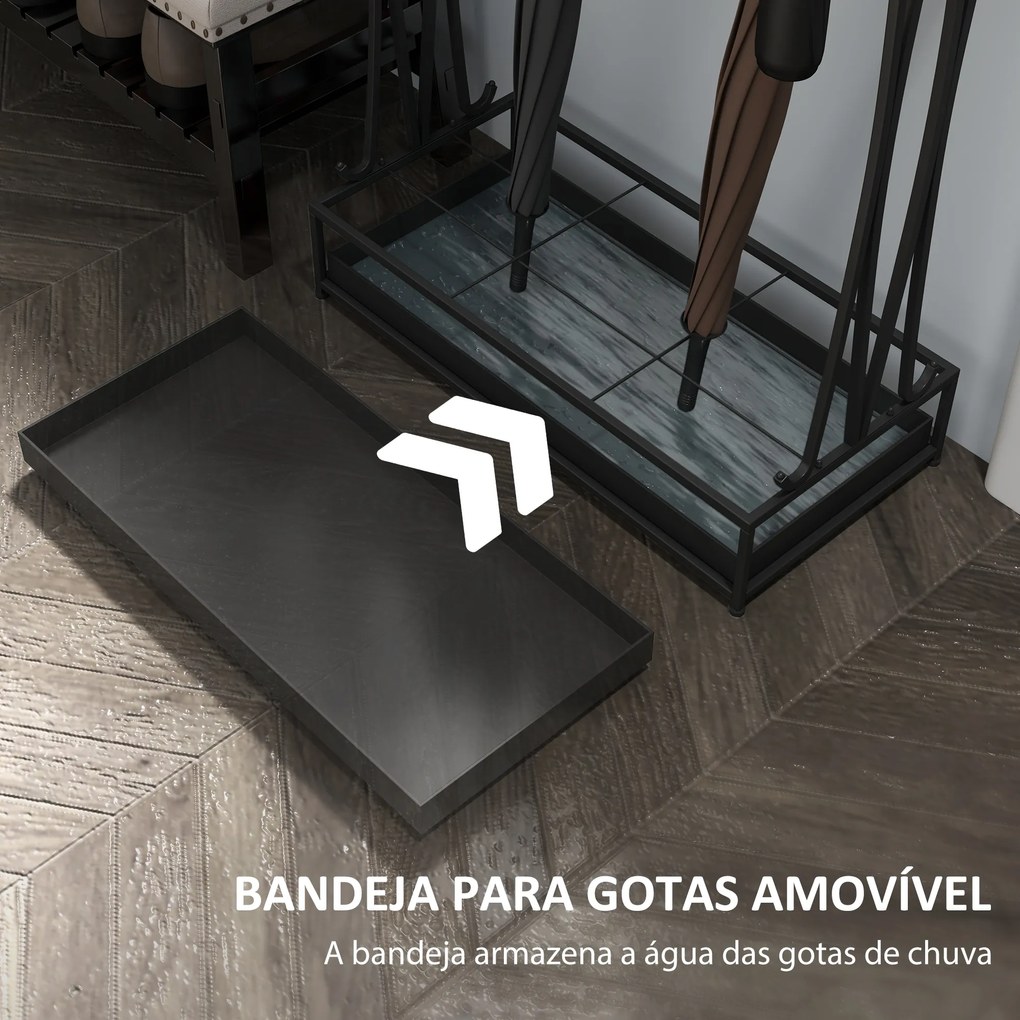 Suporte para Guarda-Chuva Moderno Retangular com 24 Ganchos 21 Espaços e Bandeja Recolhedora de Gotas 50x24x68 cm Preto