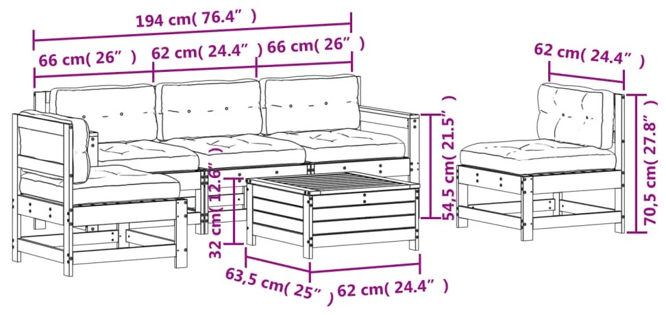 6 pcs conjunto lounge de jardim c/ almofadões pinho impregnado