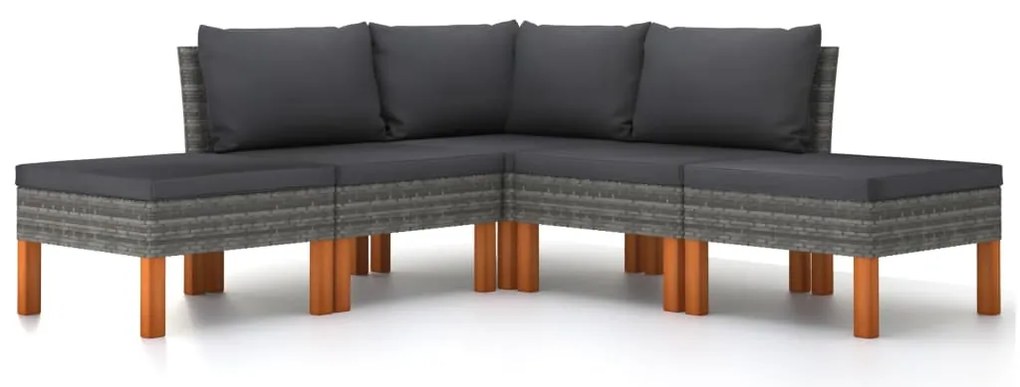5 pcs conjunto lounge de jardim c/ almofadões vime PE cinzento