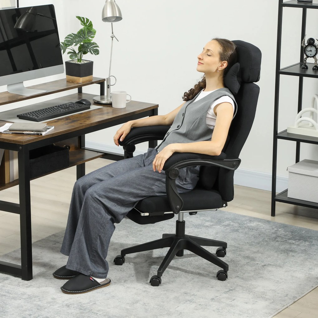 Cadeira de escritório de grande conforto, encosto ajustável, apoio para os pés, Rodas de 360°, linho, 62 x 68 x 127 cm, preta