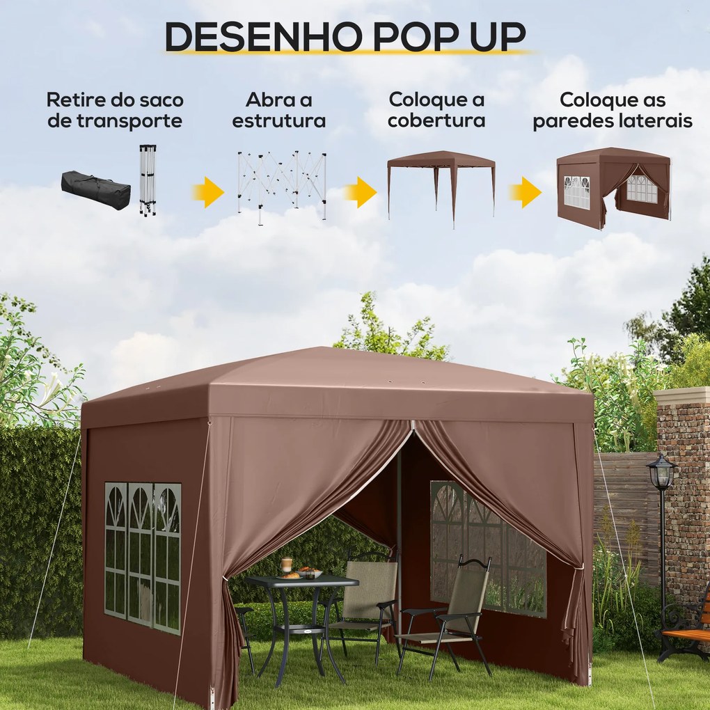 Tenda de Jardim com Paredes Laterais Amovíveis Janelas Porta com Fecho de Correr e Bolsa de Transporte 295x295x196-258 cm Café