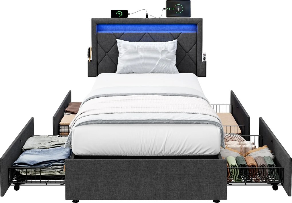 Estrutura de cama 90 x 200 cm (COLCHÃO NÃO INCLUIDO), com iluminação Led cinzenta