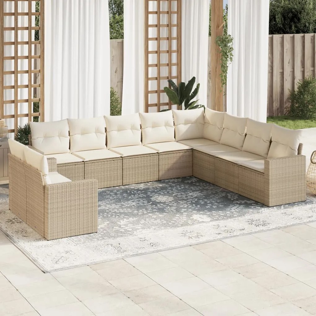 10 pcs conjunto de sofás p/ jardim com almofadões vime PE bege