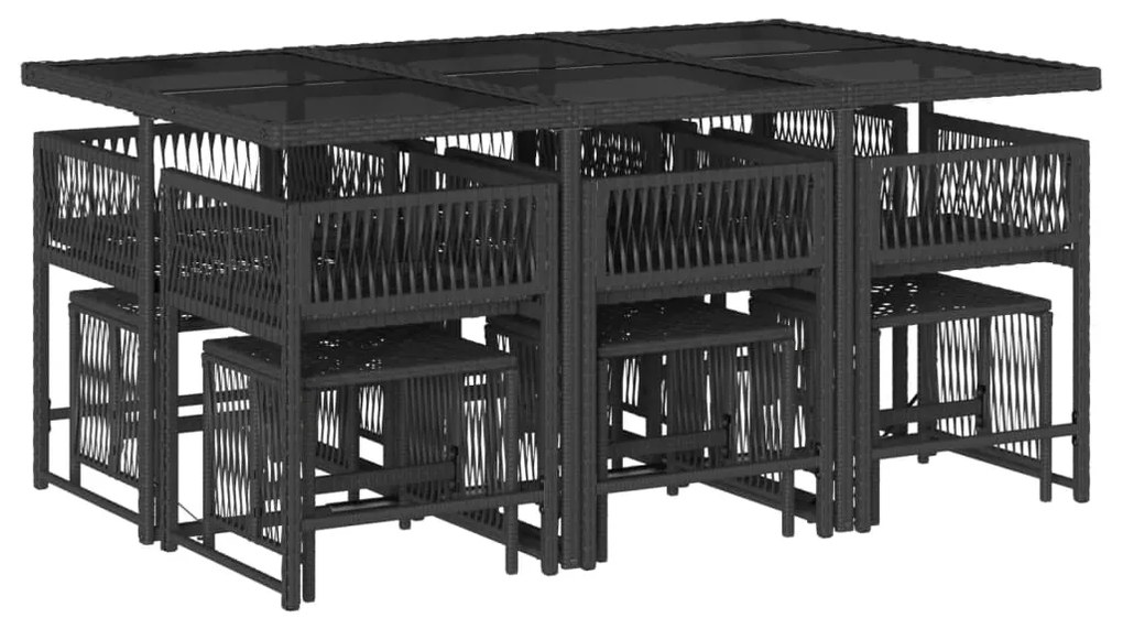 11 pcs conjunto de jantar p/ jardim c/ almofadões vime PE preto