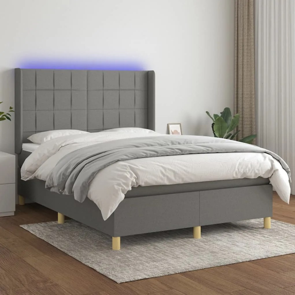 Cama box spring c/ colchão e LED 140x190 cm tecido cinza-escuro