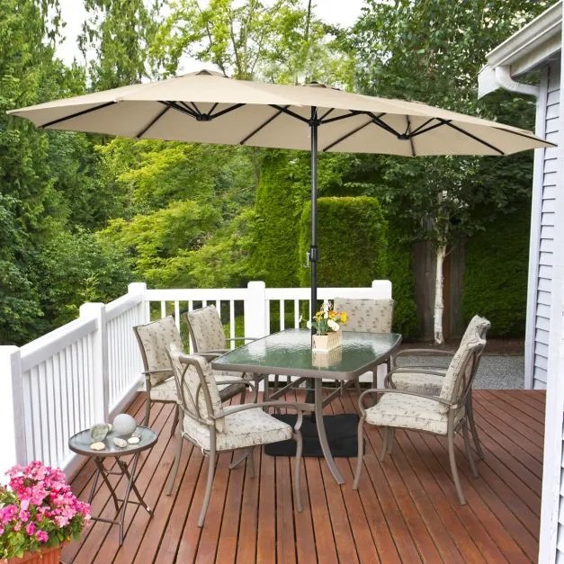 Guarda-sol duplo Jardim de 451,5 cm com base Sistema de manivela Estrutura metálica com 12 varas Ventilação de ar Café