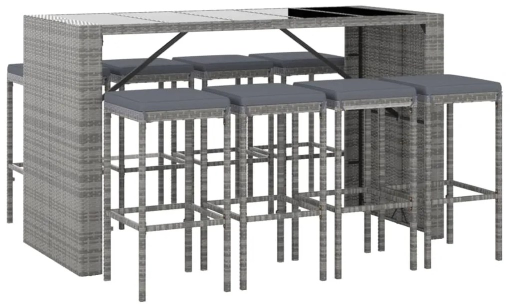 9 pcs conjunto de bar p/ jardim c/ almofadões vime PE cinzento