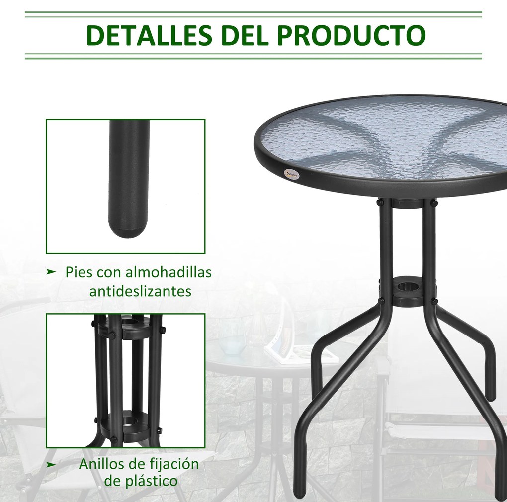 Outsunny Mesa de Jardim Redonda com Bancada de Vidro Temperado Decorativa e Estrutura de Metal para Pátio Terraço Varanda Ø60x70 cm Preto