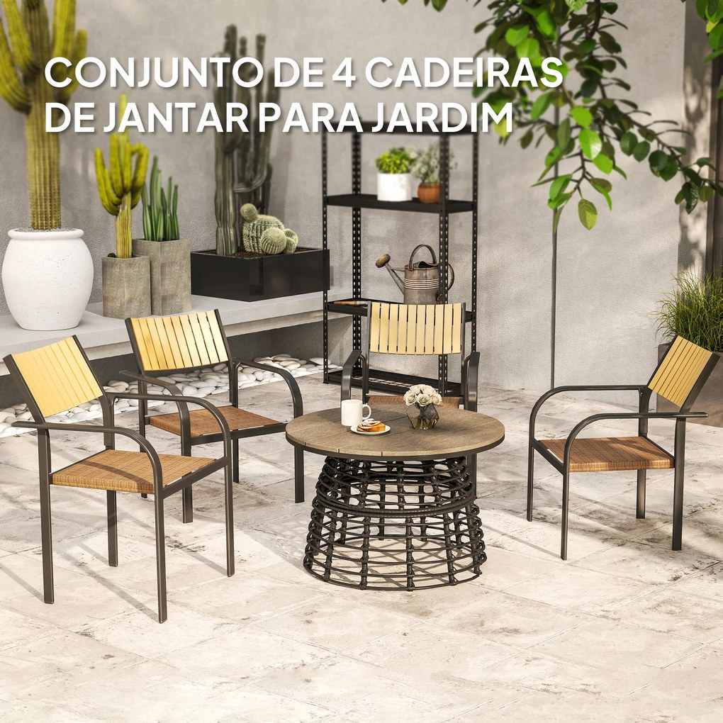 Conjunto de 4 Cadeiras de Jardim Empilháveis Cadeiras de Jantar com Tecido Transpirável Apoios de Braço 58x65x85 cm Castanho