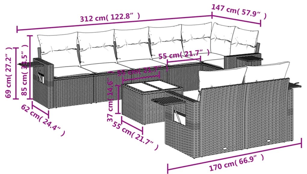9 pcs conjunto de sofás p/ jardim c/ almofadões vime PE preto