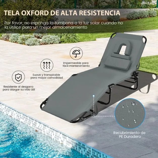 Espreguiçadeira dobrável com 3 almofadas amovíveis e encosto ajustável em 5 posições para terraço de piscina Cinzento