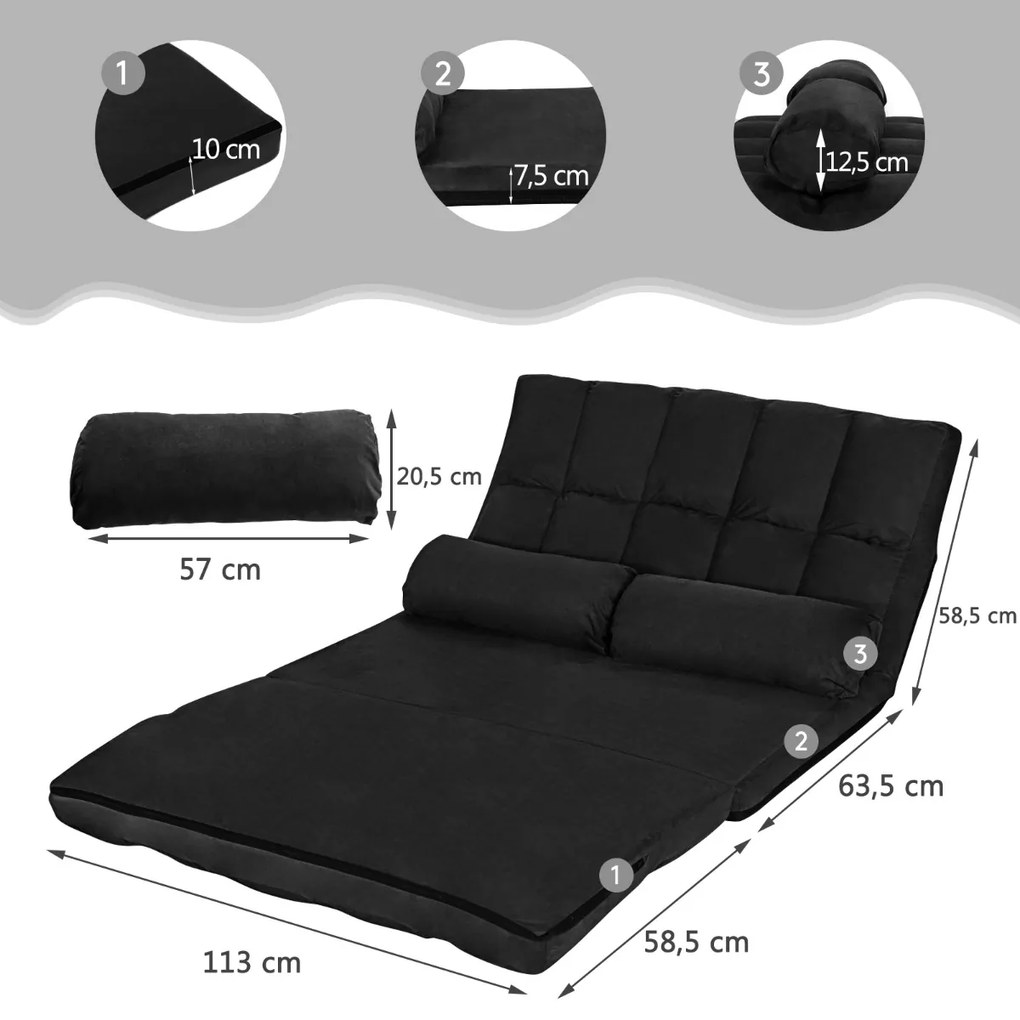 Sofá de chão ajustável Sofá-cama dobrável em 6 posições Revestimento removível em camurça com 2 almofadas Preto