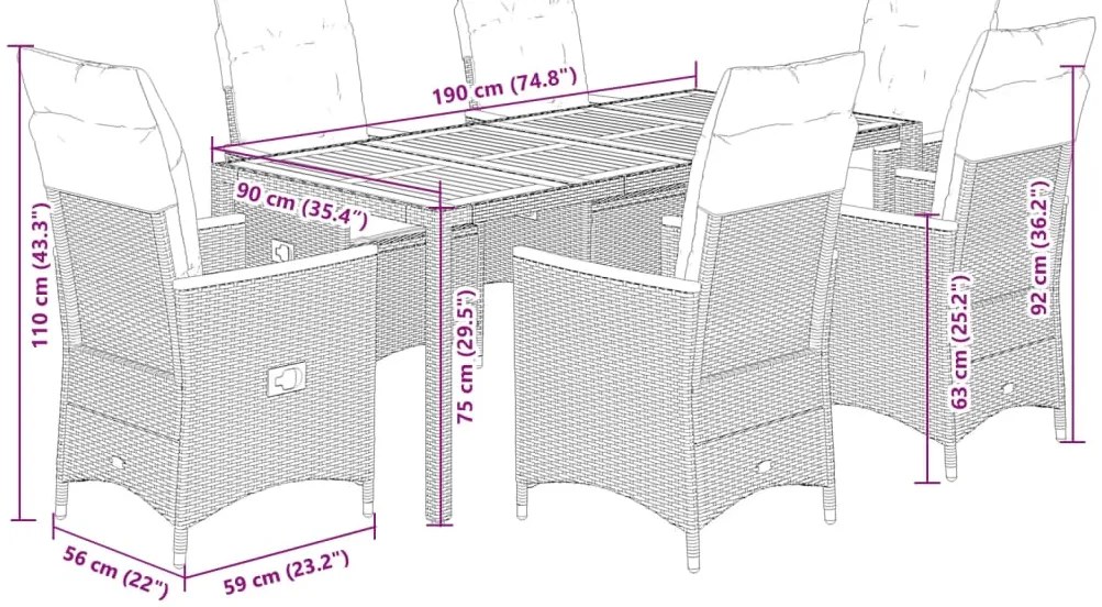 7 pcs conjunto de jantar p/ jardim c/ almofadões vime PE cinza