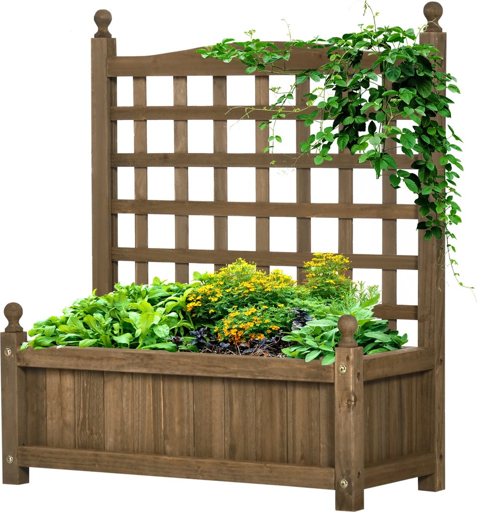 Floreira com treliça, floreira com suporte, 64 x 28 x 75 cm, com inserções de rega, em madeira maciça
